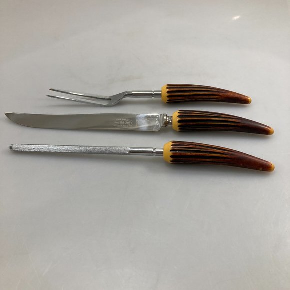 Crown Crest Sheffield 3 Pc Carving Set Stainless Steel Blades Horn Handles Vint - Picture 2 of 6